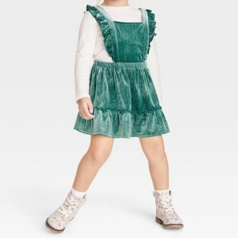 NWT Cat & Jack Green Emerald Velvet Velour Skirtall Overall Dress Girls 4T